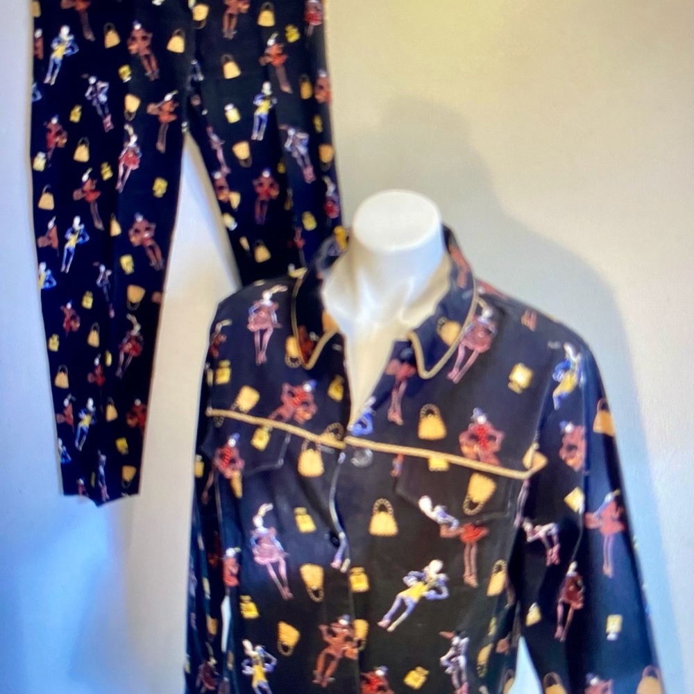 Ladies two piece jean style pant set size large pocketbook and perfume Print